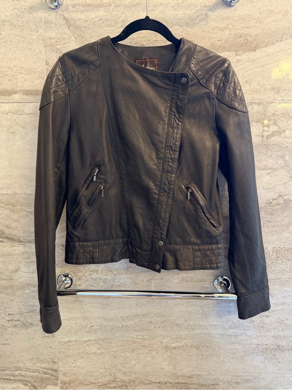 Cole Haan Black Leather Asymmetrical Zip Jacket